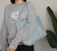Fashion Womens Blue Leather Oversize Tote Bag Blue Shoulder Tote Bag Handbag Tote For Women