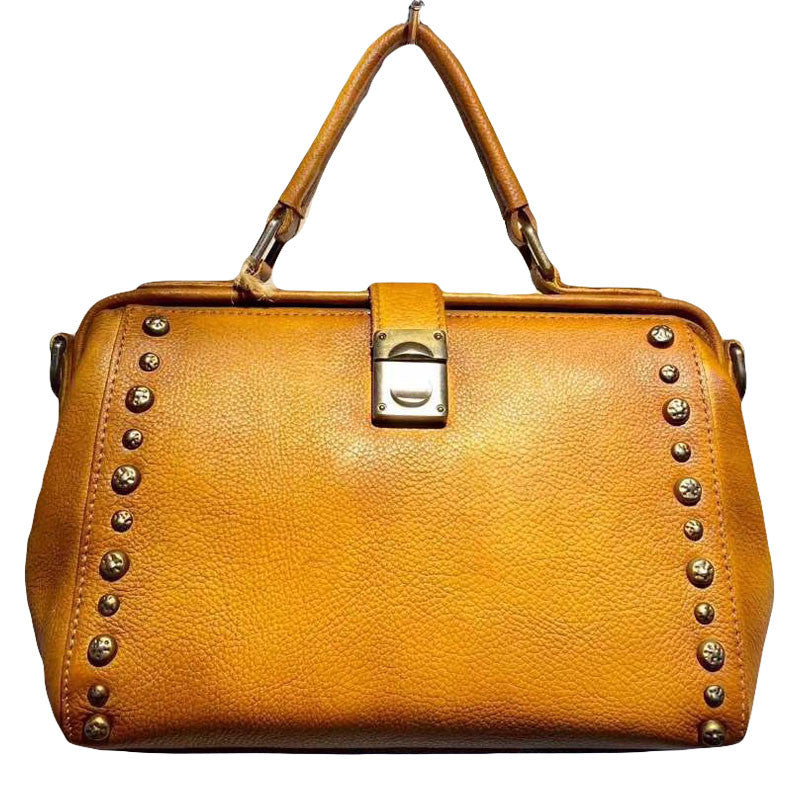 Vintage Womens Brown Leather Doctor Handbag Purses With Rivet Doctor Shoulder Bag for Women