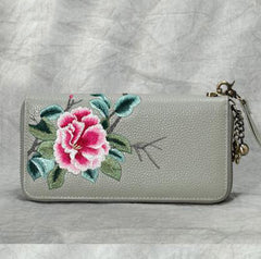Handmade Embroidery Pink Leather Peony Wristlet Wallet Womens Zip Around Wallets Flowers Peony Ladies Zipper Clutch Wallet for Women
