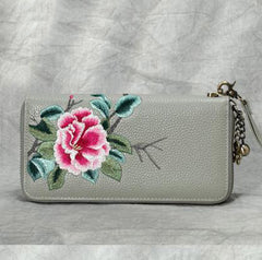 Handmade Embroidery Gray Leather Peony Wristlet Wallet Womens Zip Around Wallets Flowers Peony Ladies Zipper Clutch Wallet for Women