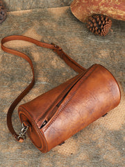 Vintage Brown Leather Womens Barrel Shoulder Bag - Overall View