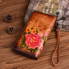 Vintage Flowers Gray Leather Wristlet Wallet Womens Zip Around Wallets Flowers Ladies Zipper Clutch Wallet for Women