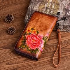 Vintage Flowers Leather Wristlet Wallet Womens Zip Around Wallets Flowers Ladies Zipper Clutch Wallet for Women