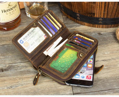 Cool Brown Mens long Wallet Bifold Zipper Clutch Wallet Cellphone Long Wallet for Men