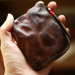 Vintage Slim Brown Leather Mens Coin Wallet Zipper Coin Holder Change Pouch For Men