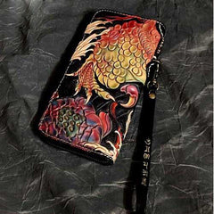 Badass Black Leather Men's Long Biker Wallet Golden Carp Handmade Tooled Zipper Long Wallets For Men