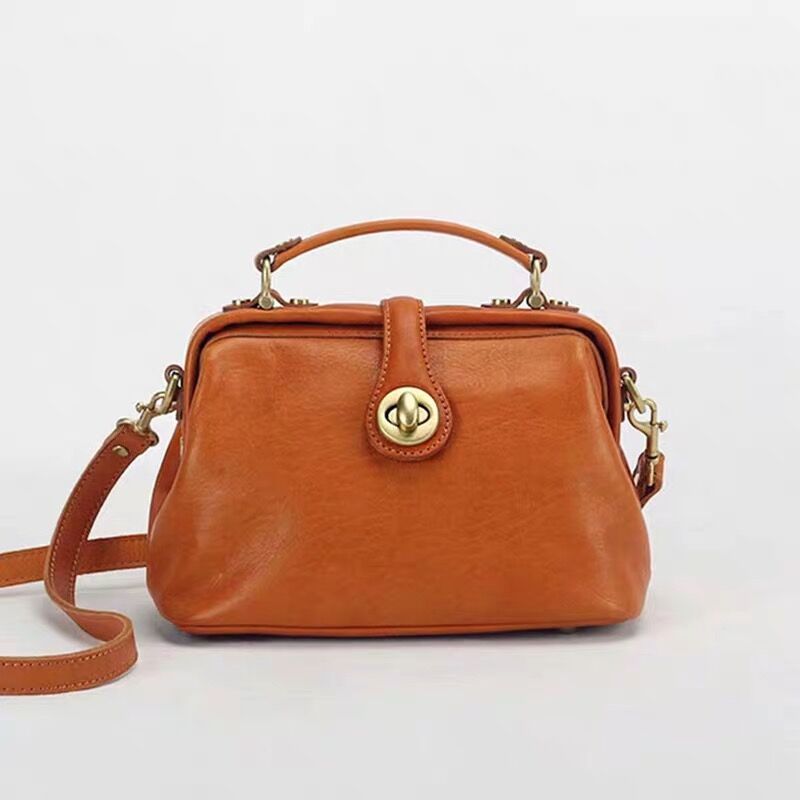 Handmade Womens Brown Leather Doctor Handbag Purse Vintage Small Doctor Shoulder Bag for Women