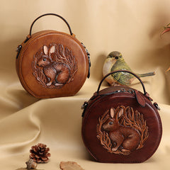 Cutest Womens Coffee Leather Round Handbag Bunny - Overall View