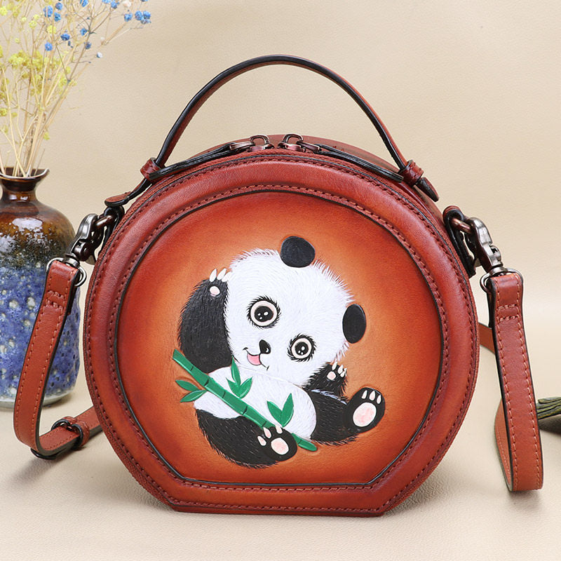 Cutest Womens Leather Round Handbag Panda Crossbody Purse Vintage Round Shoulder Bags for Women