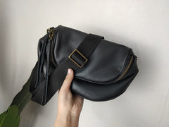 Fashion Women Black Leather Small Saddle Shoulder Bag Side Bag Black Saddle Crossbody Bag Purse For Women