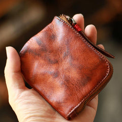 Vintage Slim Brown Leather Mens Coin Wallet Zipper Coin Holder Change Pouch For Men