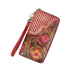 Handmade Vintage Flowers Floral Red Leather Wristlet Wallet Womens Zip Around Wallets Flowers Ladies Zipper Clutch Wallet for Women