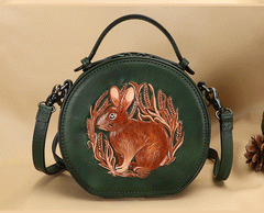 Cutest Womens Brown Leather Round Handbag Bunny Crossbody Purse Vintage Round Shoulder Bags for Women