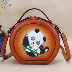 Cutest Women Coffee Leather Round Handbag Panda Crossbody Purse Vintage Round Shoulder Bags for Women