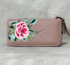 Handmade Embroidery Gray Leather Peony Wristlet Wallet Womens Zip Around Wallets Flowers Peony Ladies Zipper Clutch Wallet for Women