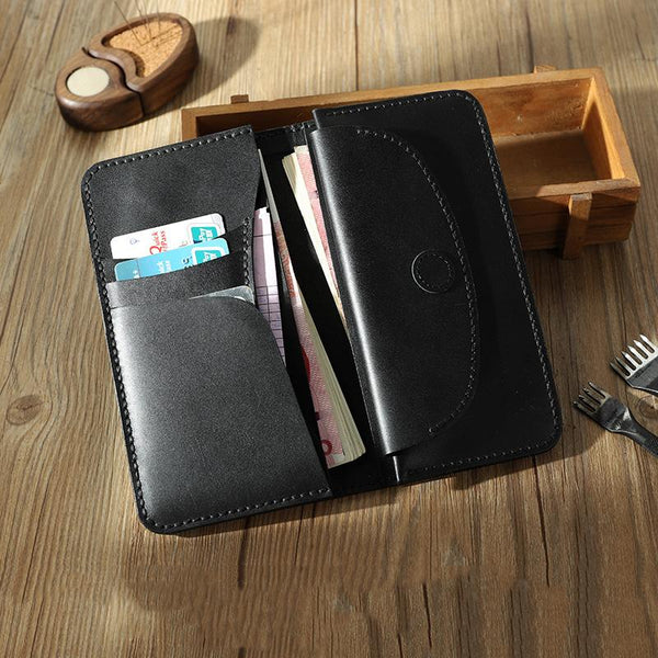Black Leather Mens Bifold Long Wallets Personalized - Back View