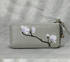 Magnolia Flower Embroidery Pink Leather Magnolia Wristlet Wallet Womens Zip Around Wallets Flowers Magnolia Ladies Zipper Clutch Wallet for Women
