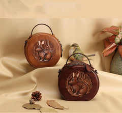 Cutest Womens Coffee Leather Round Handbag Bunny - Lifestyle View