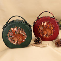 Cutest Womens Red Leather Round Handbag Bunny Crossbody Purse Vintage Round Shoulder Bags for Women