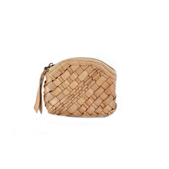 Vintage Women Small Beige Braided Leather Zip Coin Pouch Mini Coin Wallet Change Wallet For Women