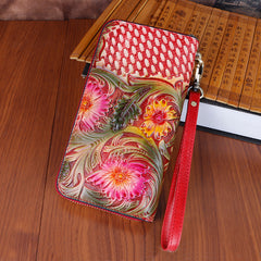 Vintage Handmade Flowers Floral Red Leather Wristlet Wallet Womens Zip Around Wallets Flowers Ladies Zipper Clutch Wallet for Women