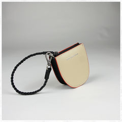 Womens Beige&Orange Leather Coin Zip Wallet with Leather Chain Leather Zip Wristlet Purse for Ladies