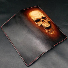 Dark Coffee Handmade Tooled Death Skull with Horn Leather Mens Bifold Long Wallet Clutch For Men