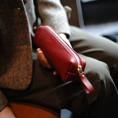 Vintage Women Blue Leather Zipper Pencil Pouch Cosmetic Case Makeup Bag Wallet For Women