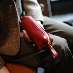 makeup bag leather​ leather makeup case​ Vintage Women Red Leather Zipper Pencil Pouch Cosmetic Case Makeup Bag Wallet For Women