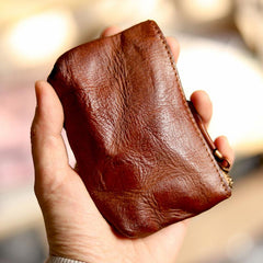 Vintage Slim Brown Leather Mens Coin Wallet Zipper Coin Holder Change Pouch For Men