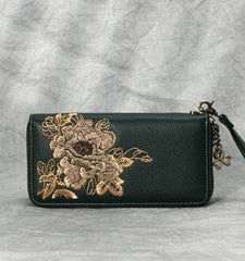 Peony Embroidery Green Leather Peony Wristlet Wallet Womens Zip Around Wallets Flowers Peony Ladies Zipper Clutch Wallet for Women