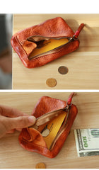 Vintage Slim Brown Leather Mens Coin Wallet Zipper Coin Holder Brown Change Pouch For Men