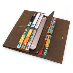 Brown Leather Mens Long Wallet Long Bifold Card Wallet For Men