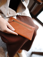 Slim Coffee Leather Clutch Wallet Womens Zip Wallets Coffee Ladies Zipper Clutch Wallet for Women
