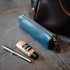 Vintage Women Blue Leather Zipper Pencil Pouch Cosmetic Case Makeup Bag Wallet For Women