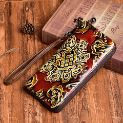 Handmade Womens Sunflower Red Leather Zip Around Wallet Wristlet Wallet Floral Ladies Zipper Clutch Wallet for Women