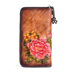 Vintage Flowers Gray Leather Wristlet Wallet Womens Zip Around Wallets Flowers Ladies Zipper Clutch Wallet for Women