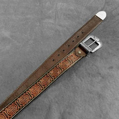 Vintage Chinese Coffee Leather Metal Belt Motorcycle Belt Black Leather Round Belt For Men