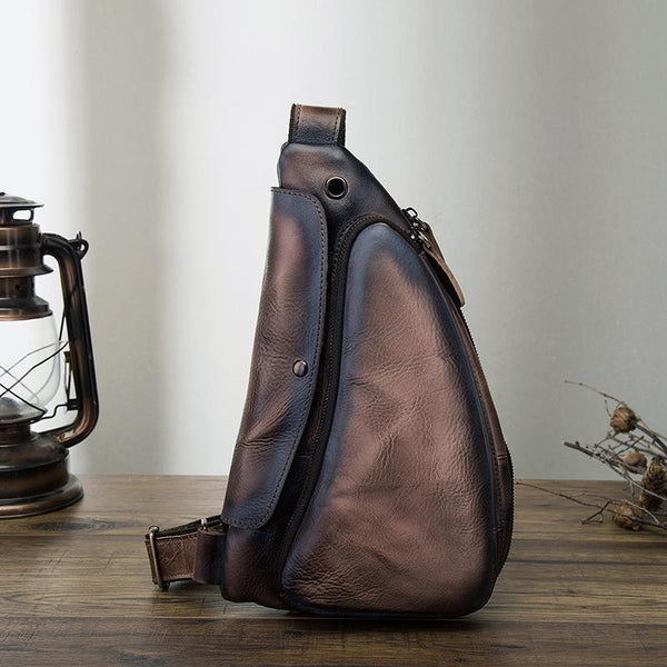 Cool Leather Mens One Shoulder Backpack Sling Bag Chest Bag Sling Backpack for men
