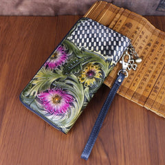 Vintage Handmade Flowers Floral Gray Leather Wristlet - Chain Detail