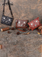 Red Leather Womens Rivets Shoulder Bags Saddle - Bill Slots Detail