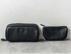 Cool Leather Black Mens Leather 2pcs Tobacco Pipe Case Zipper Tobacco Pipe Case for Men