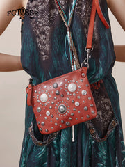 Red Leather Womens Rivets Shoulder Bags Saddle - Leather Texture Detail