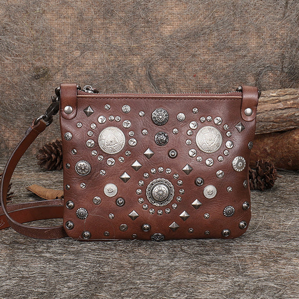 Leather Womens Rivets Shoulder Bags Saddle Vintage Slim Crossbody Purse for Women