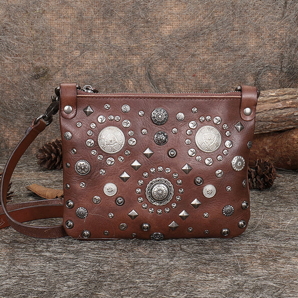 Red Leather Womens Rivets Shoulder Bags Saddle - Stitching Detail