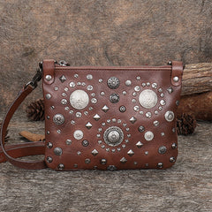 Red Leather Womens Rivets Shoulder Bags Saddle - Stitching Detail