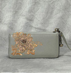 Peony Embroidery Pink Leather Peony Wristlet Wallet Womens Zip Around Wallets Flowers Peony Ladies Zipper Clutch Wallet for Women