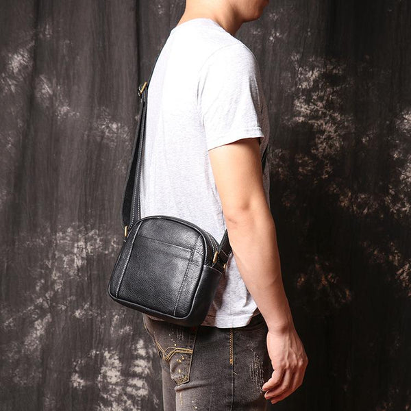 Men's Black Leather Small Messenger Bag Small - Back View