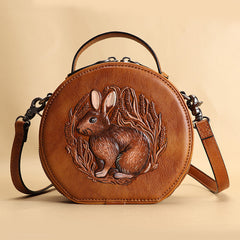 Cutest Womens Red Leather Round Handbag Bunny Crossbody Purse Vintage Round Shoulder Bags for Women