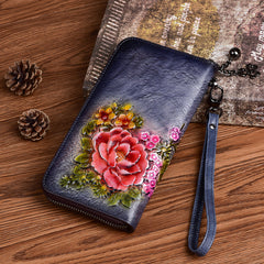 Vintage Flowers Brown Leather Wristlet Wallet Womens Zip Around Wallets Flowers Ladies Zipper Clutch Wallet for Women